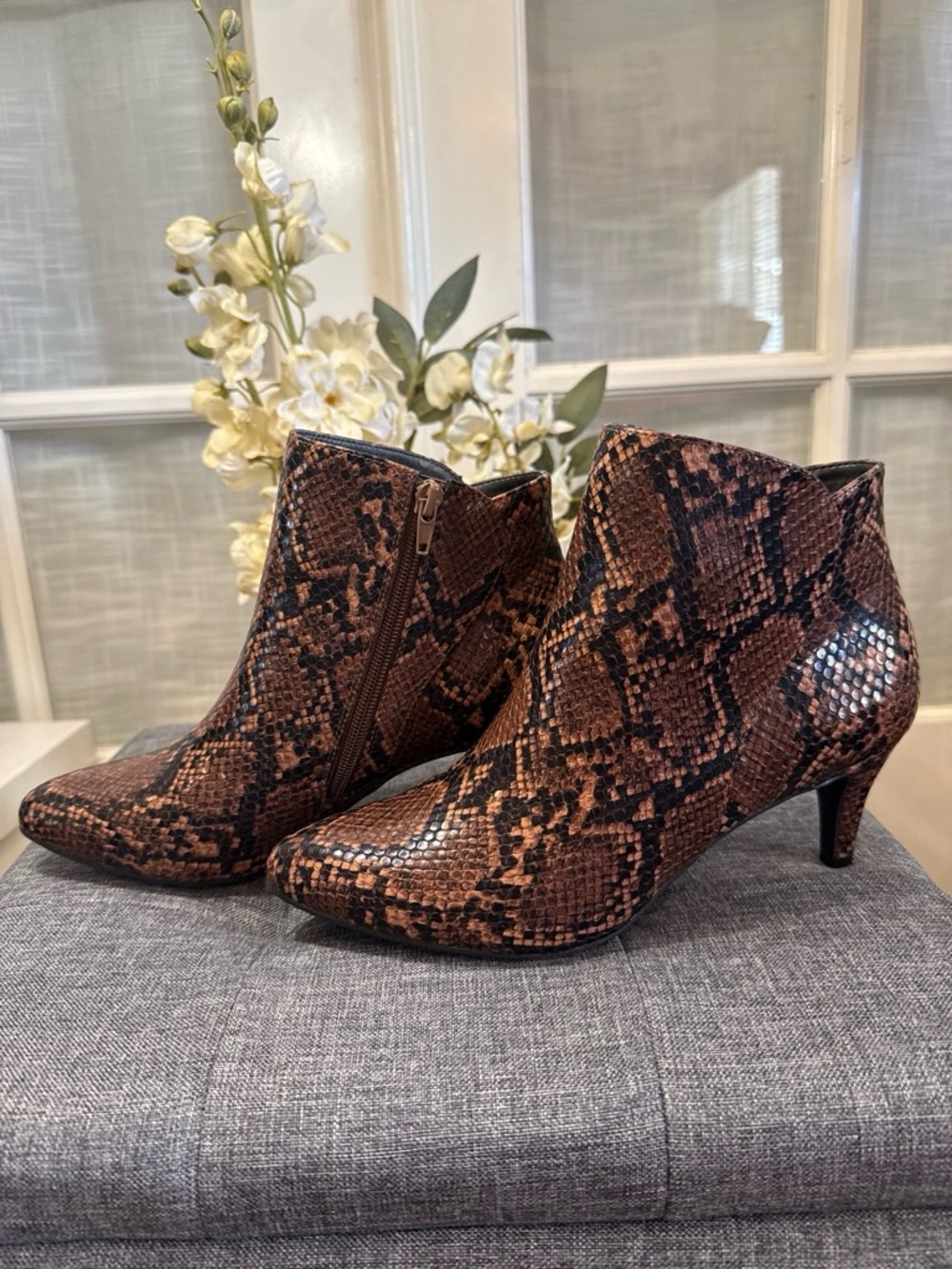 Alfani Brown Snake-Print Kitten-Heel Ankle Booties